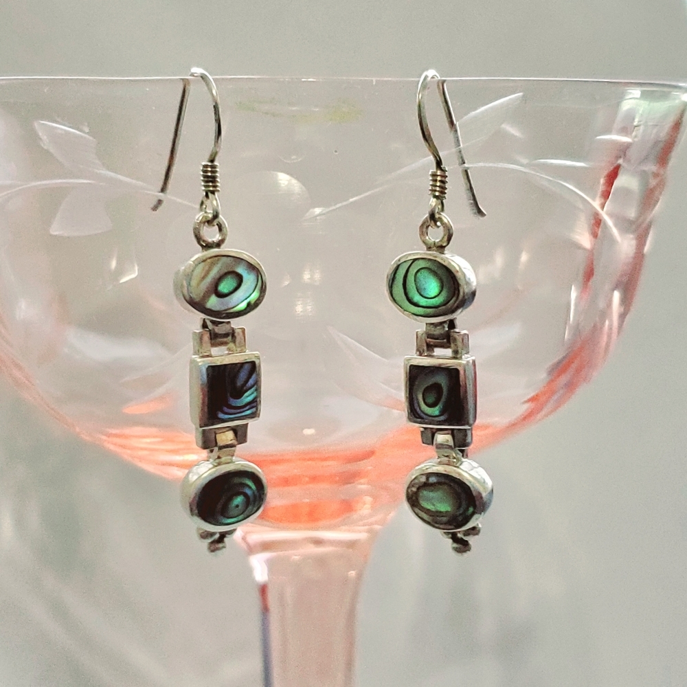 Abalone and Sterling Silver Dangle Earrings 1.6” Long - Picture 7 of 15